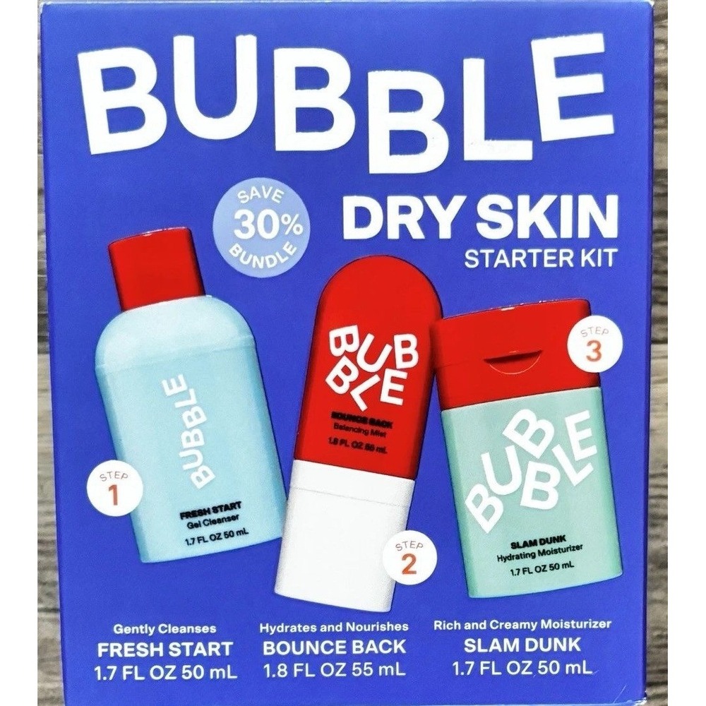 Bubble Skincare Dry Skin Starter Kit 3-Step Routine Cleanser Mist Moisturizer